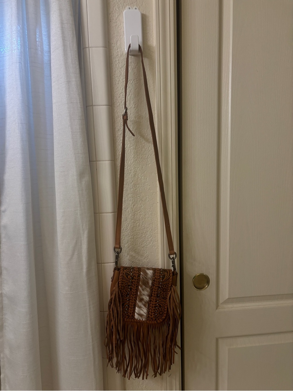 Brown Fringe Crossbody Bag with Woven Accent